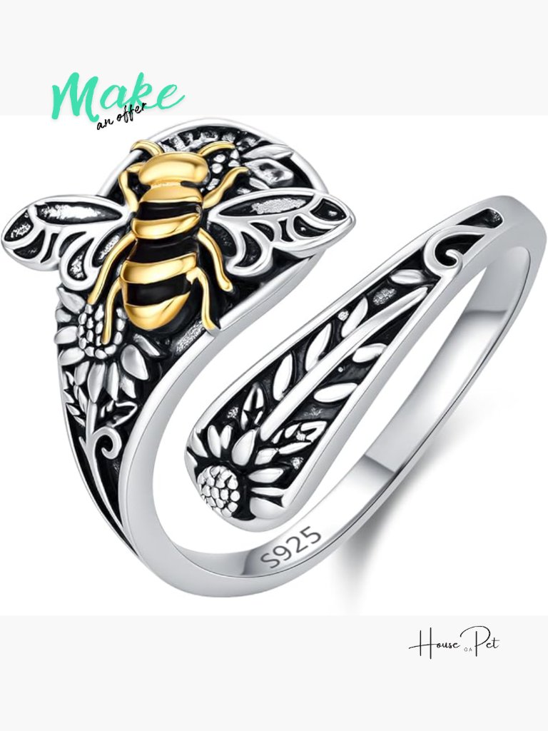 Sterling Silver Adjustable Sunflower Bee Spoon Ring Vintage Victorian Statement